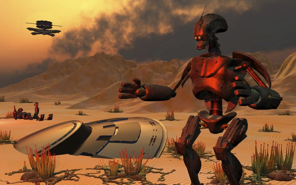 A robot helping to recover a crashed UFO Canvas Art - Mark StevensonStocktrek Images (36 x 23)