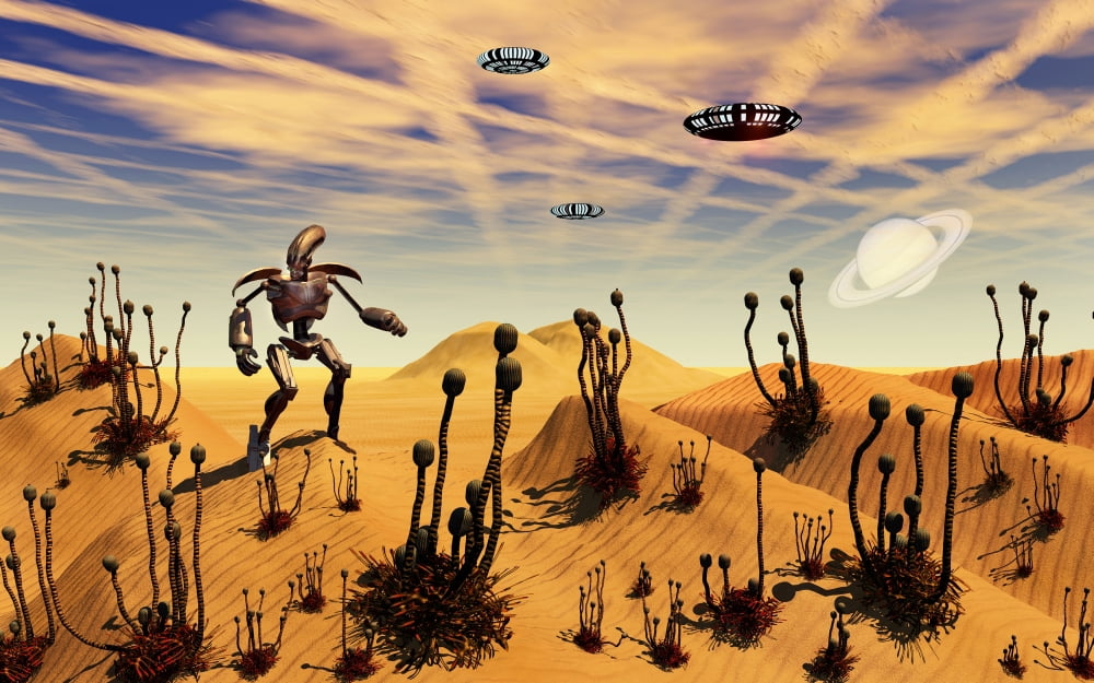 A robot tending to a desert garden located on a moon Canvas Art - Mark StevensonStocktrek Images (36 x 23)