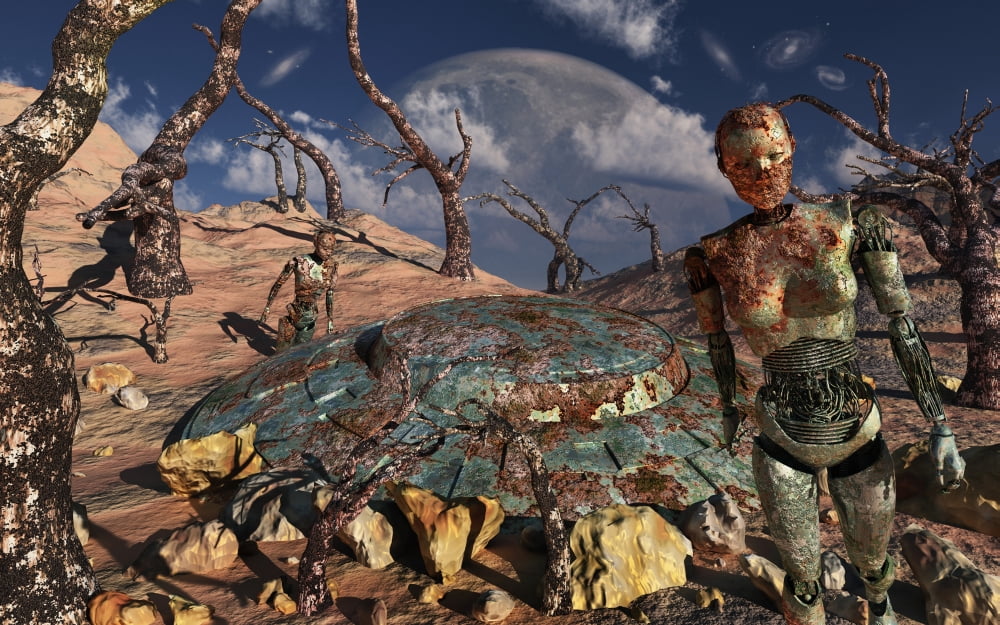 A robotic exploration team and its corroded spacecraft Canvas Art - Mark StevensonStocktrek Images (36 x 23)