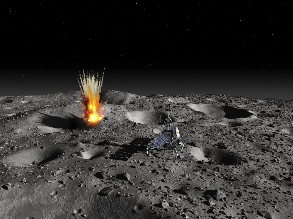 A robotic probe drills into the surface of an asteroid as a meteorite strikes nearby Canvas Art - Walter MyersStocktrek Images (17 x 13)