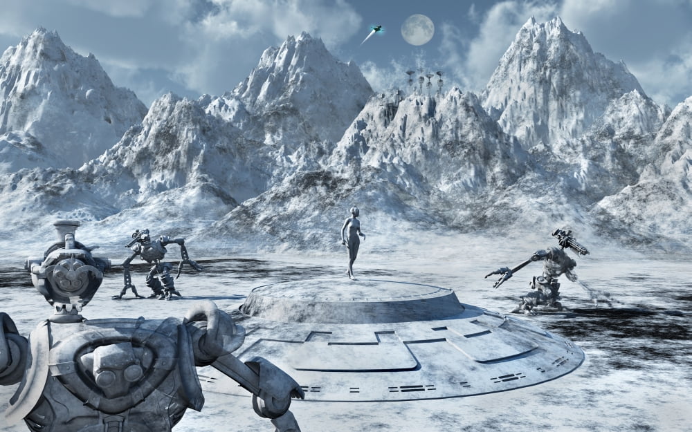 A robotic survey team exploring an ice world Canvas Art - Mark StevensonStocktrek Images (18 x 12)
