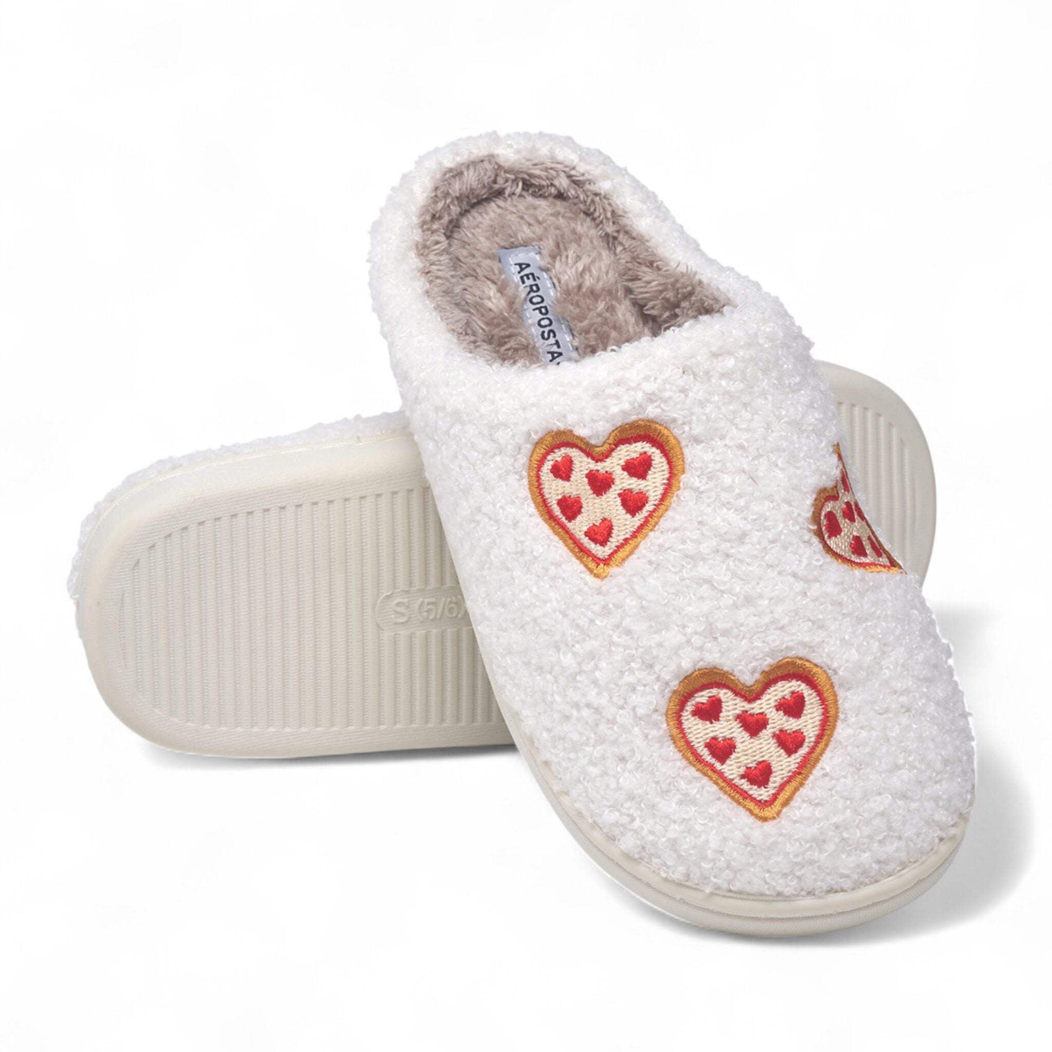 Aéropostale Women's Fuzzy Pizza-Heart Mule Slippers – Ivory Slip