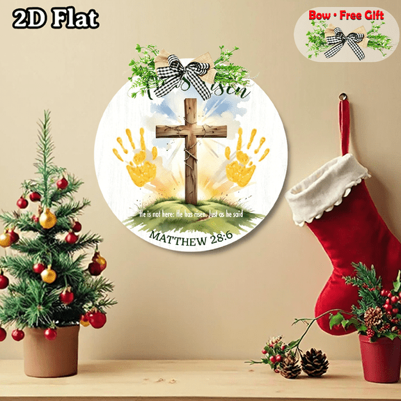A round wooden sign - Cross & handprints (Matthew 28:6), 2D flat hanging ornament with bow, 12 * 12 inches.