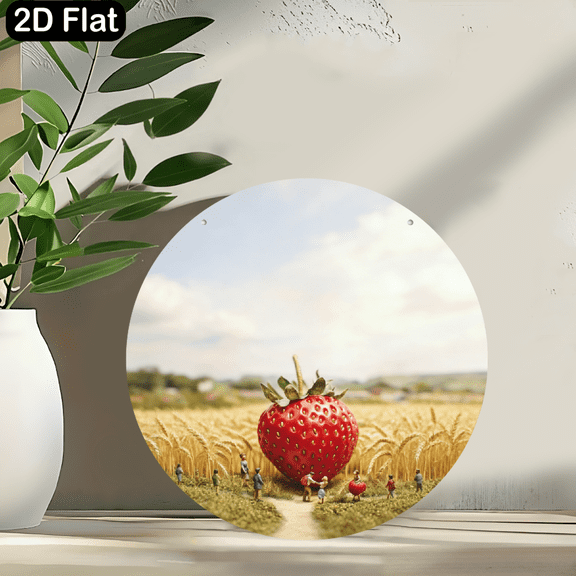 A round wooden sign "Giant Strawberry in Wheat Field", Hanging Ornaments that can be hung anywhere at home, size 8 * 8 inches.
