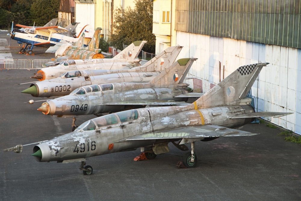A row of derelict MiG aircraft of the Czech Air Force Canvas Art - Timm ZiegenthalerStocktrek Images (34 x 23)