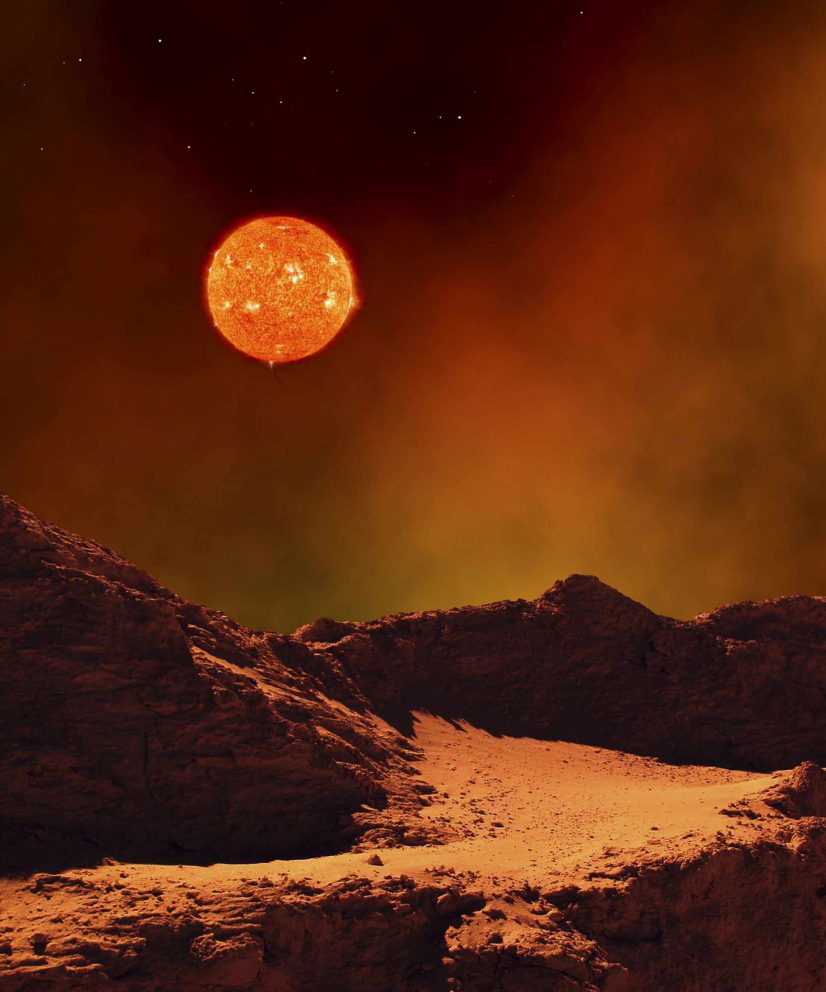 A rugged planet landscape dimly lit by a distant red star Canvas Art - Frank HettickStocktrek Images (26 x 31)
