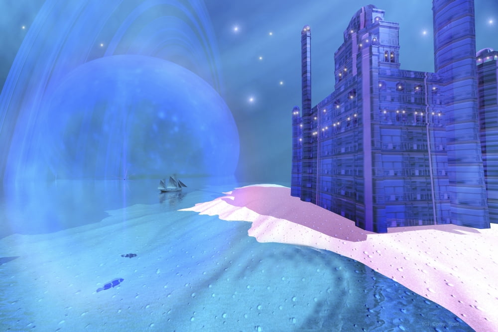 A schooner sails past a blue castle on an alien planet Canvas Art - Corey FordStocktrek Images (18 x 12)