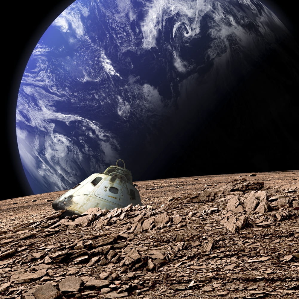 A scorched space capsule lies abandoned on a barren moon Canvas Art - Marc WardStocktrek Images (29 x 29)