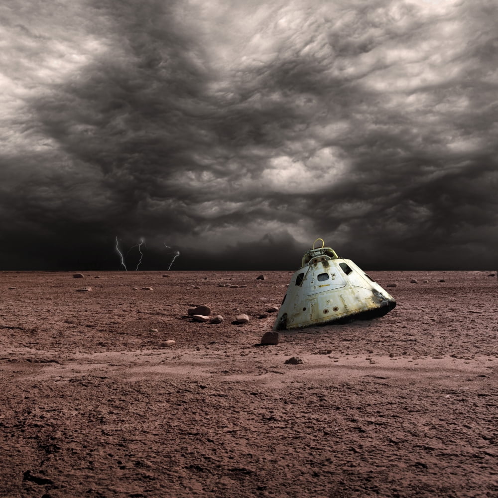 A scorched space capsule lies abandoned on a barren world Canvas Art - Marc WardStocktrek Images (29 x 29)