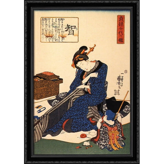 A seated woman sewing a kimono 28x40 Large Black Ornate Wood Framed Canvas Art by Utagawa Kuniyoshi