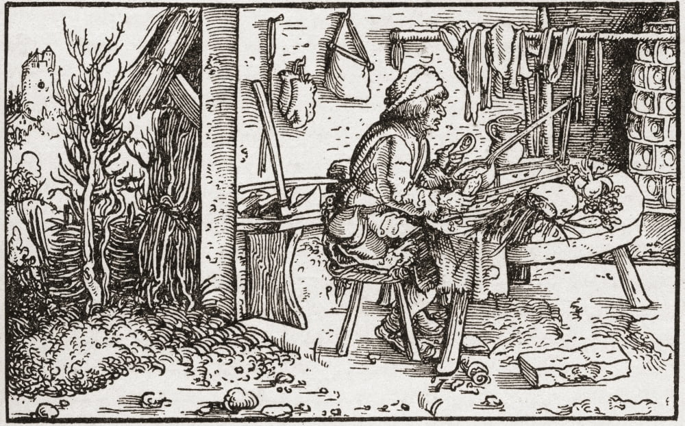 A self employed labourer working at home during the Tudor period in England From a contemporary print Canvas Art - Ken Welsh Design Pics (34 x 22)