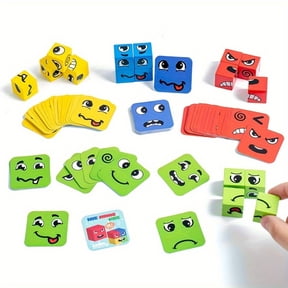 A set Cube Face Change Wooden Puzzle Game Set Interactive Family Emotion Learning Toy for 4 Players