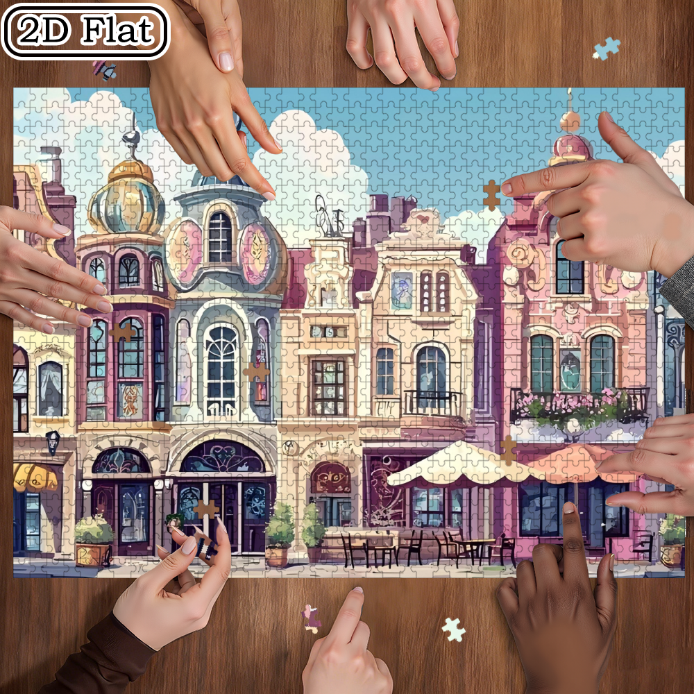 A set of 1000 intricate "colorful European street scenes" jigsaw puzzles, suitable for adults and playable by multiple players.