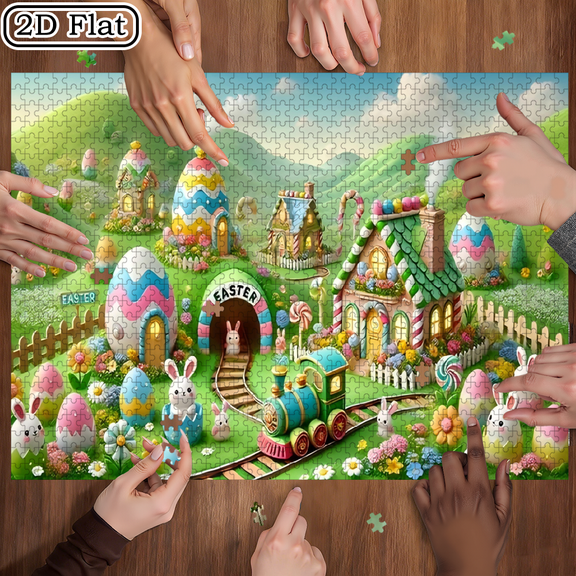 A set of 1000 pieces of the challenging "Fairy Tale Easter Egg House" puzzle, suitable for adults and playable by multiple players.