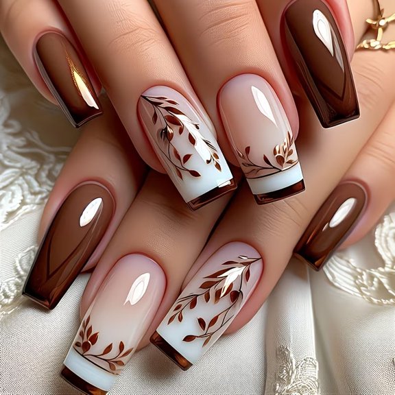 A set of 24 pieces, medium square false nails, autumn and winter brown leaves nail design, shiny manicure patches, removable false nails