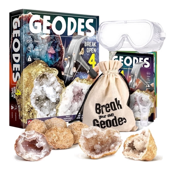 Piano Potato Premium Geode Breaking Kit for Kids - 4 Hand-Selected Jumbo Agate Geodes (1.6" - 2.4") with Safety Goggles & Magnifying Glass,Educational Gift for Boys Girls Age 8+
