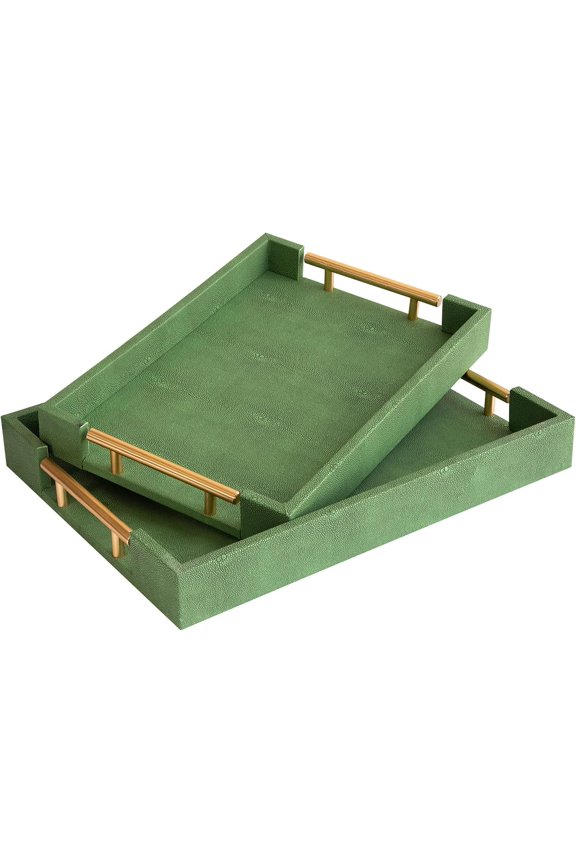 A set of two sharkskin-patterned wooden trays with gold-polished metal handles, suitable for footstools, coffee tables, and bathrooms.