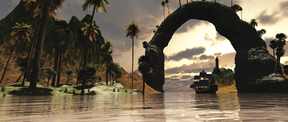 A ship sails under the entrance to a beautiful valley Canvas Art - Corey FordStocktrek Images (22 x 10)