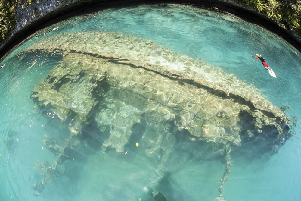 A shipwreck now serves as an artificial reef in Palaus inner lagoon Canvas Art - Ethan DanielsStocktrek Images (34 x 23)