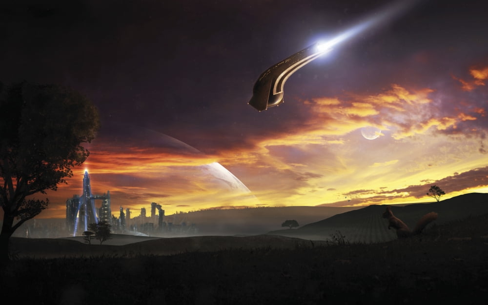 A shuttle in the process of landing is observed by a little explorer Canvas Art - Tobias RoetschStocktrek Images (36 x 23)