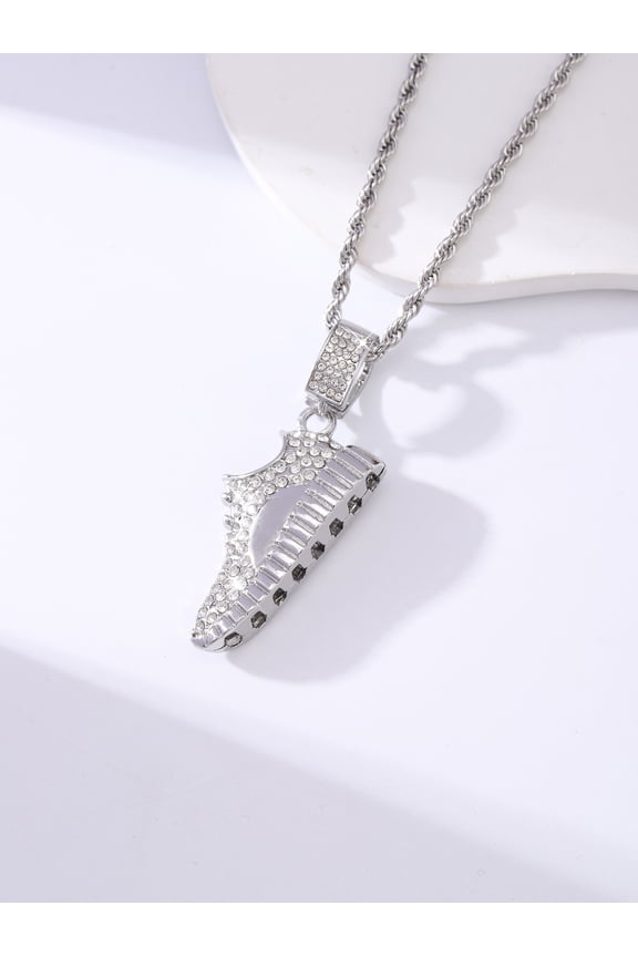 A silver shoe-shaped pendant necklace inlaid with diamonds, a 2025 fashion style, is suitable for wearing when going out.