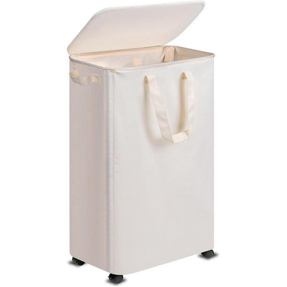 A simple laundry basket with a lid and wheels, suitable for small spaces and featuring small roller wheels.