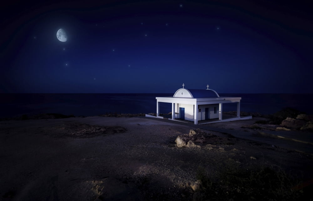 A small church at night with starry sky Crete Greece Canvas Art - Evgeny KuklevStocktrek Images (35 x 23)