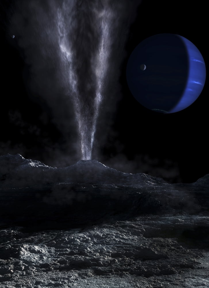 A small geyser on the surface of Triton with Neptune in the background Canvas Art - Fahad SulehriaStocktrek Images (12 x 17)