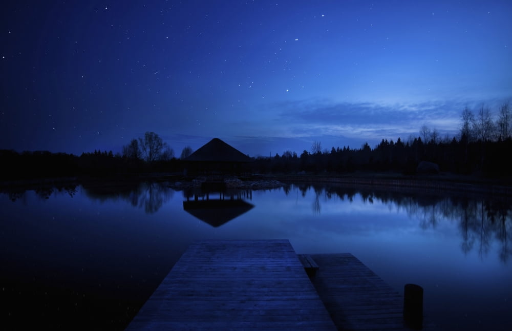 A small pier in a lake against starry sky Moscow region Russia Canvas Art - Evgeny KuklevStocktrek Images (35 x 23)