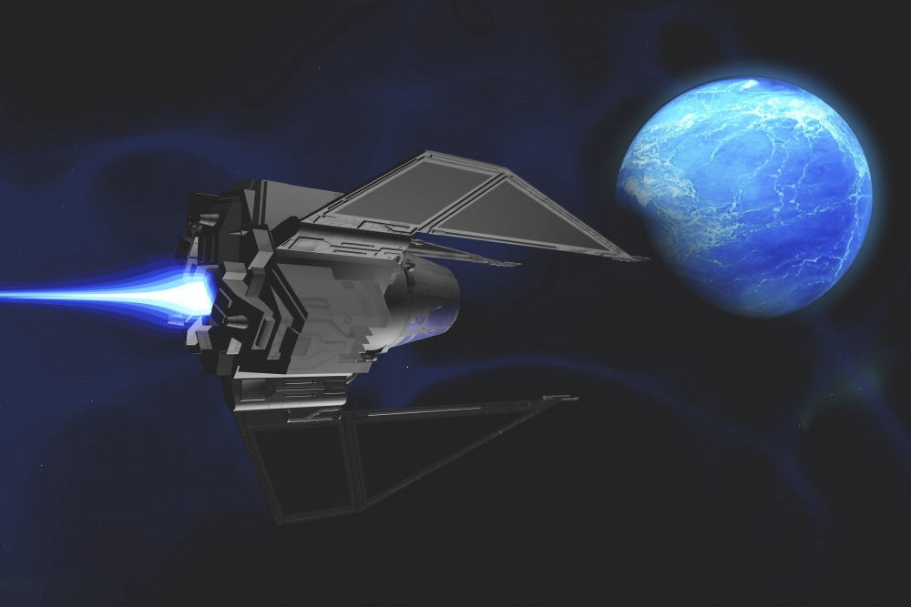 A small spacecraft from Earth reaches a water planet after many light years Canvas Art - Corey FordStocktrek Images (35 x 23)