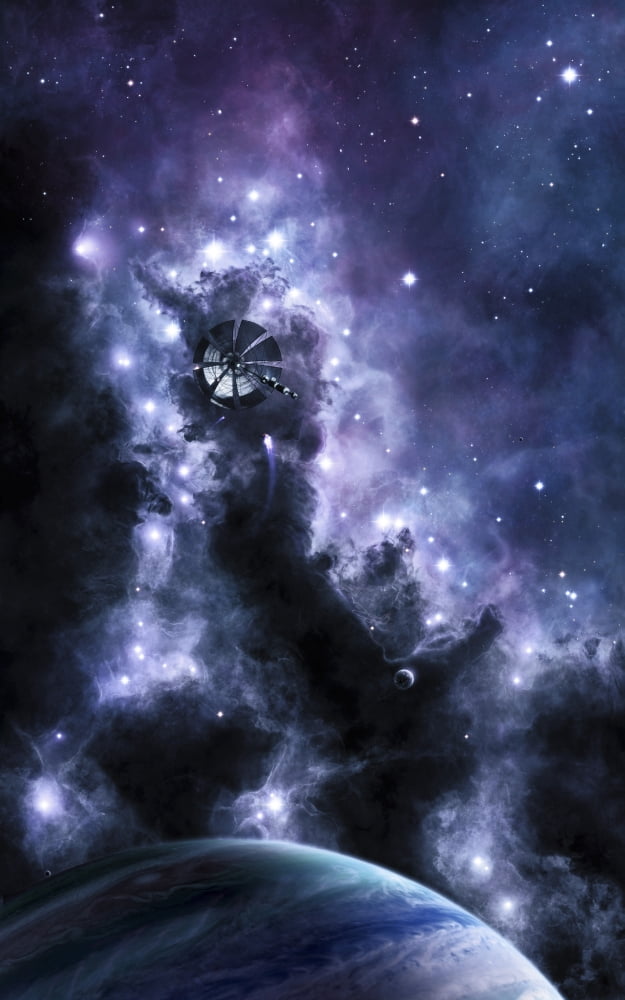 A solar sail appears from the dusty depths of the Midnight Nebula Canvas Art - Brian ChristensenStocktrek Images (12 x 18)