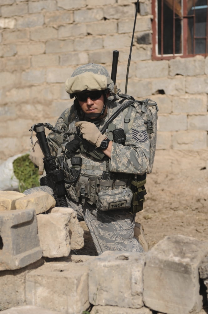 A soldier communicates his location Canvas Art - Stocktrek Images (23 x 34)