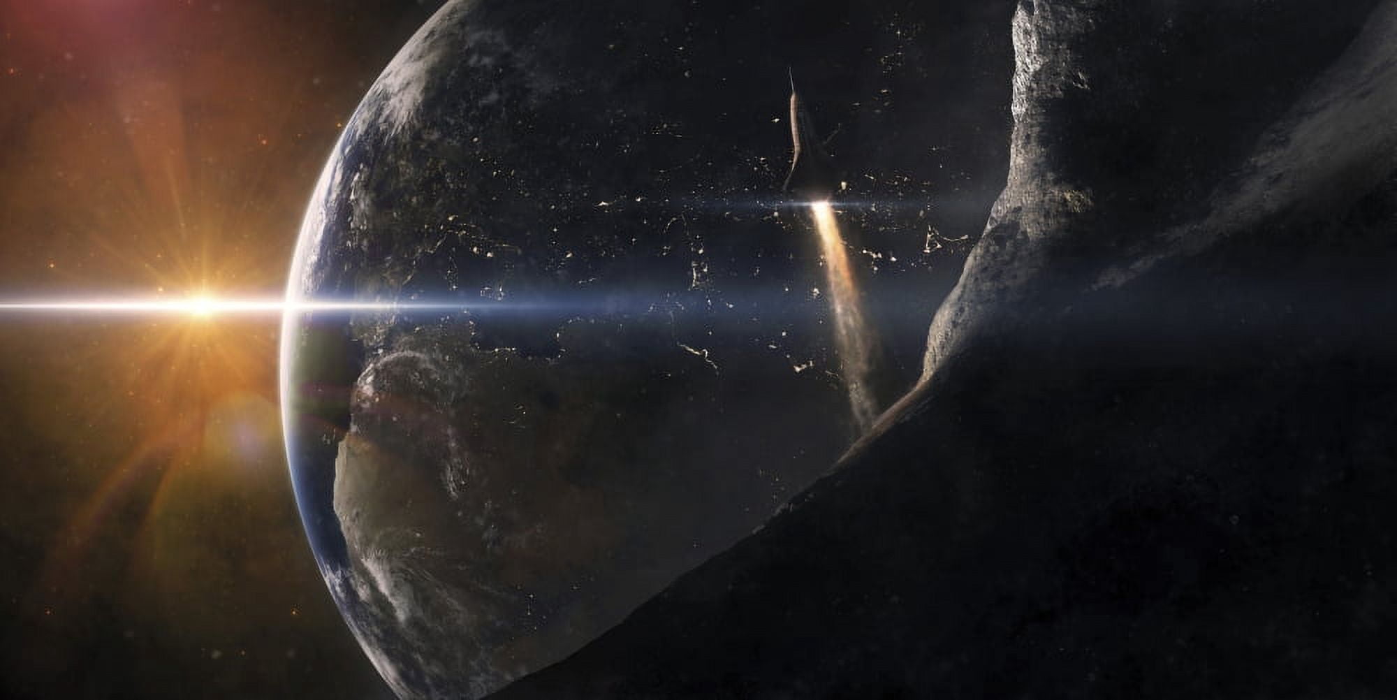 A space shuttle flying over an asteroid that is passing close to Earth Canvas Art - Tobias RoetschStocktrek Images (20 x 10)
