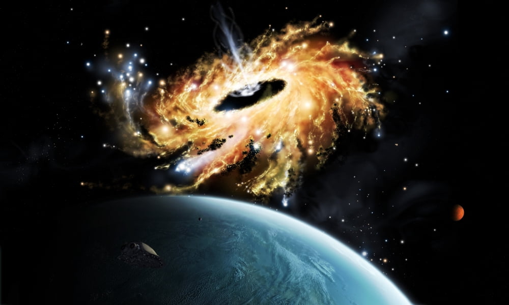 A space shuttle tries to avoid the gravity well of a supermassive black hole Canvas Art - Brian ChristensenStocktrek Images (18 x 11)