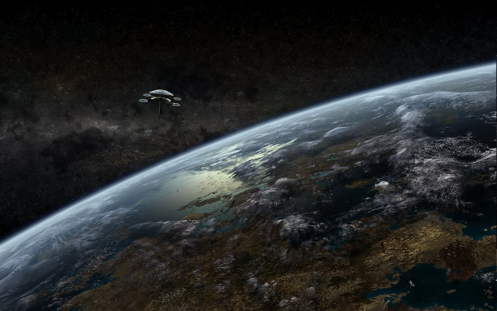 A space station orbits a hypothetical planet Canvas Art - Frieso HoevelkampStocktrek Images (36 x 23)