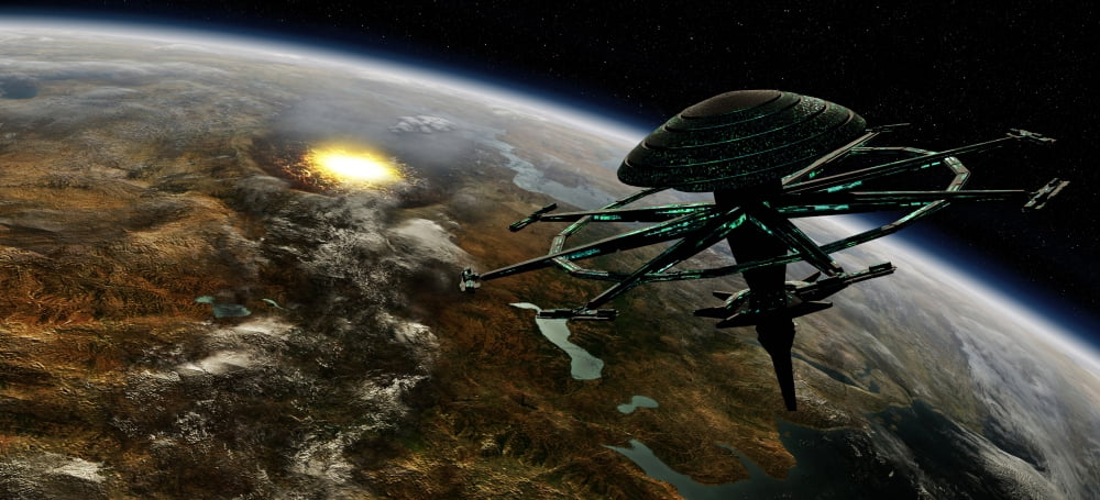 A space station orbits a terrestrial planet that has been hit by an asteroid Canvas Art - Frieso HoevelkampStocktrek Images (42 x 19)