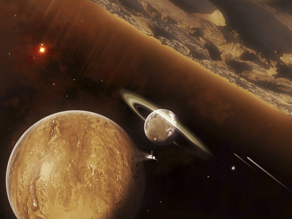 A spacecraft beams through a small cluster of planets rich in ores and minerals Canvas Art - Kevin LafinStocktrek Images (33 x 25)