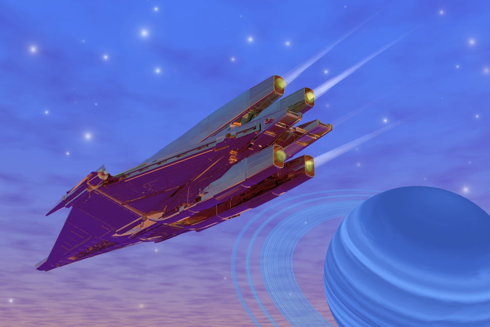 A spacecraft flys near a gas giant planet Canvas Art - Corey FordStocktrek Images (18 x 12)