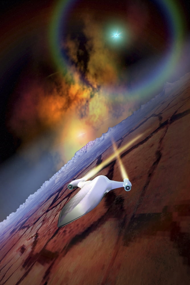 A spacecraft flys over another world Canvas Art - Corey FordStocktrek Images (12 x 18)