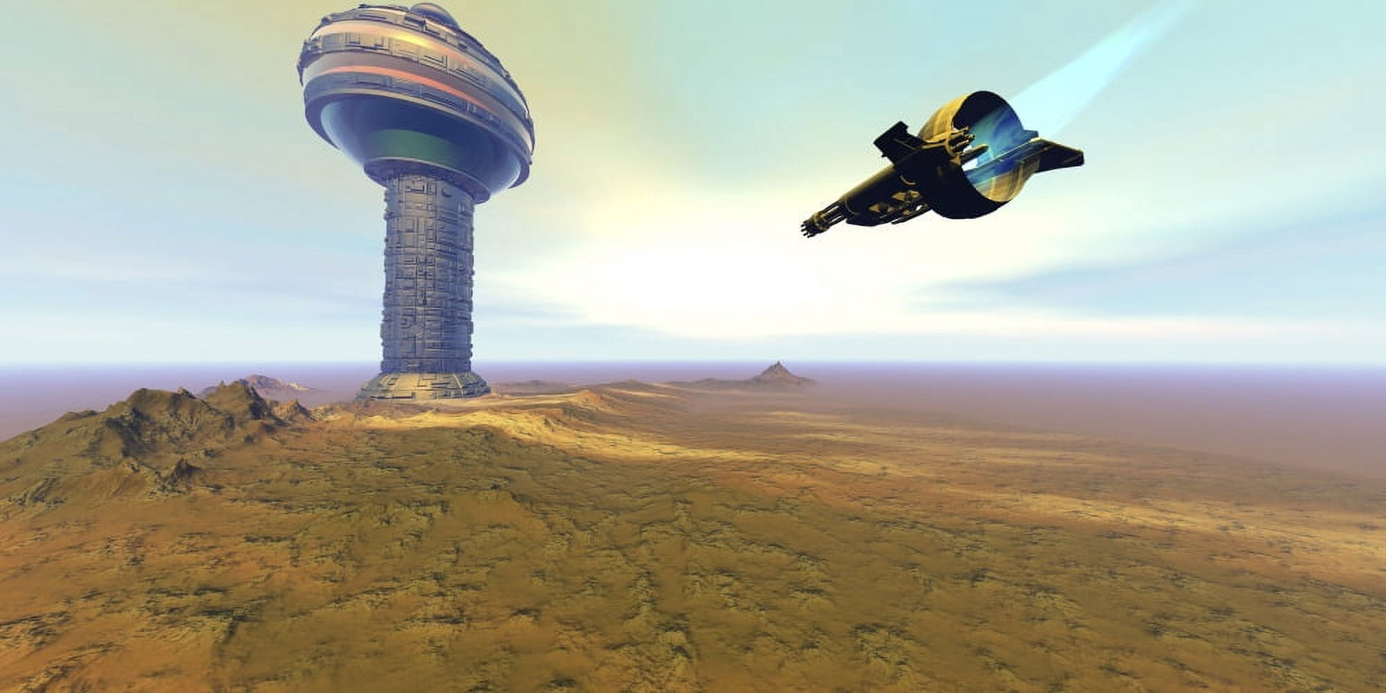 A spacecraft nears a spaceport on another planet Canvas Art - Corey FordStocktrek Images (40 x 20)