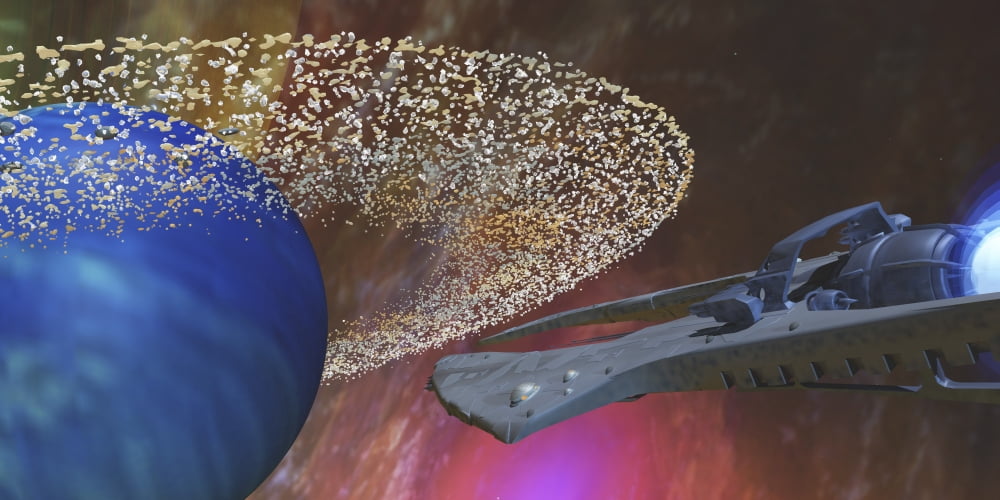 A spacecraft passes by a blue planet with a ring of asteroids Canvas Art - Corey FordStocktrek Images (40 x 20)
