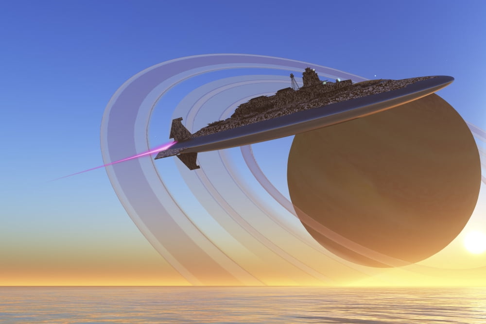 A spaceship blasts itself into orbit after exploring one of Saturns moons called Titan Canvas Art - Corey FordStocktrek Images (18 x 12)