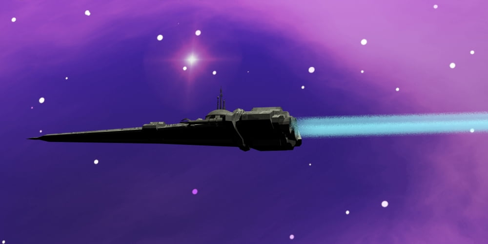 A spaceship blazes its way through space with ion propulsion Canvas Art - Corey FordStocktrek Images (20 x 10)