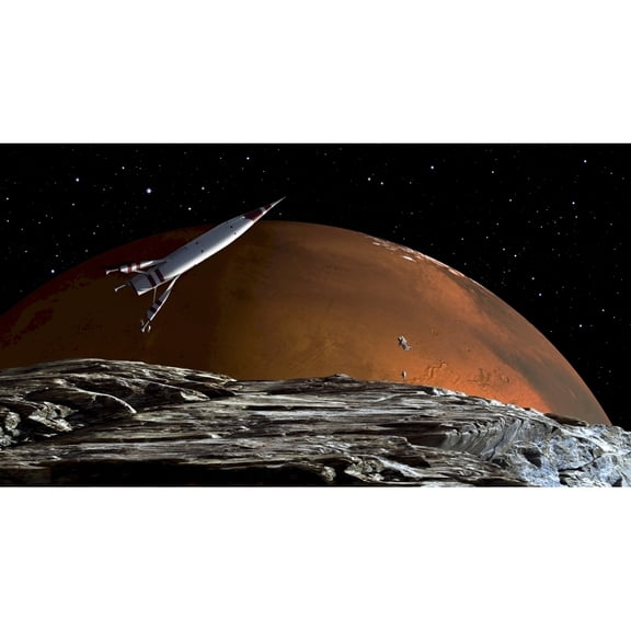 A spaceship in orbit over Mars moon Phobos with the red planet Mars in the background Poster Print