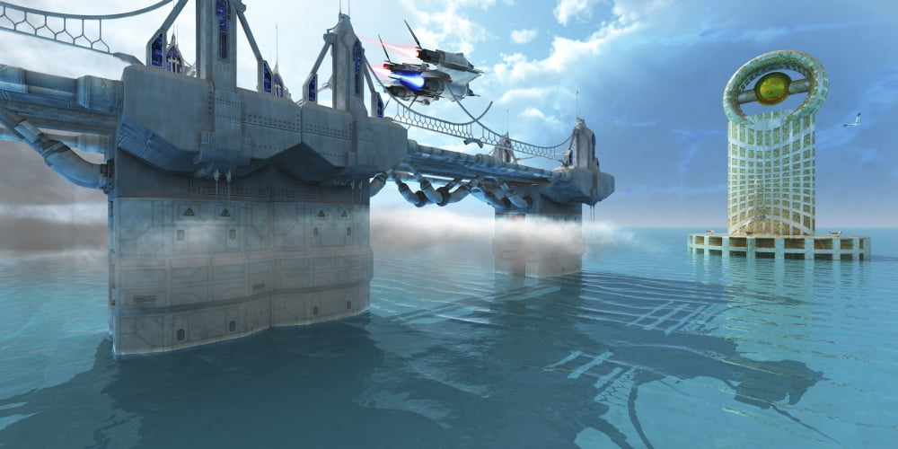 A spaceship takes off from a skyway on an alien planet Canvas Art - Corey FordStocktrek Images (20 x 10)