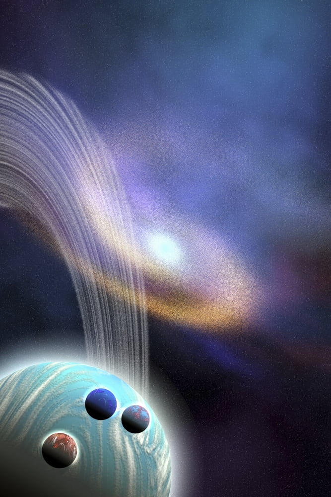 A spiral galaxy is near this ringed planet and its moons Canvas Art - Corey FordStocktrek Images (12 x 18)