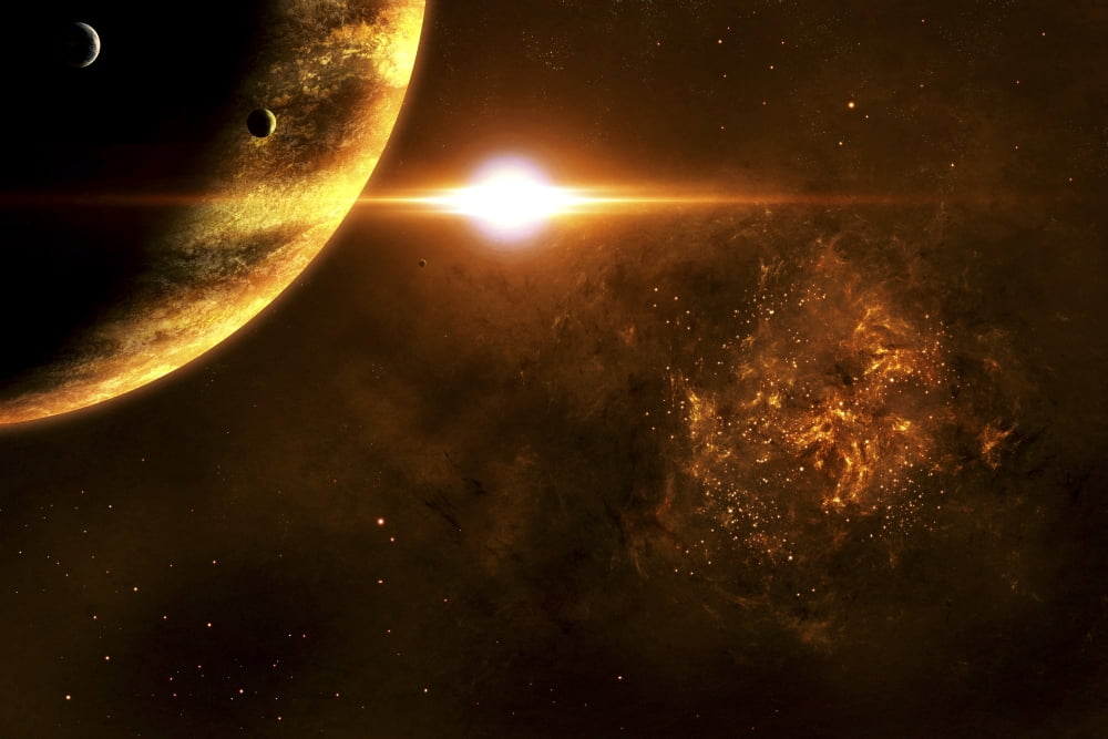 A star going critical illuminates a nearby planet and nebula Canvas Art - Justin KellyStocktrek Images (35 x 23)
