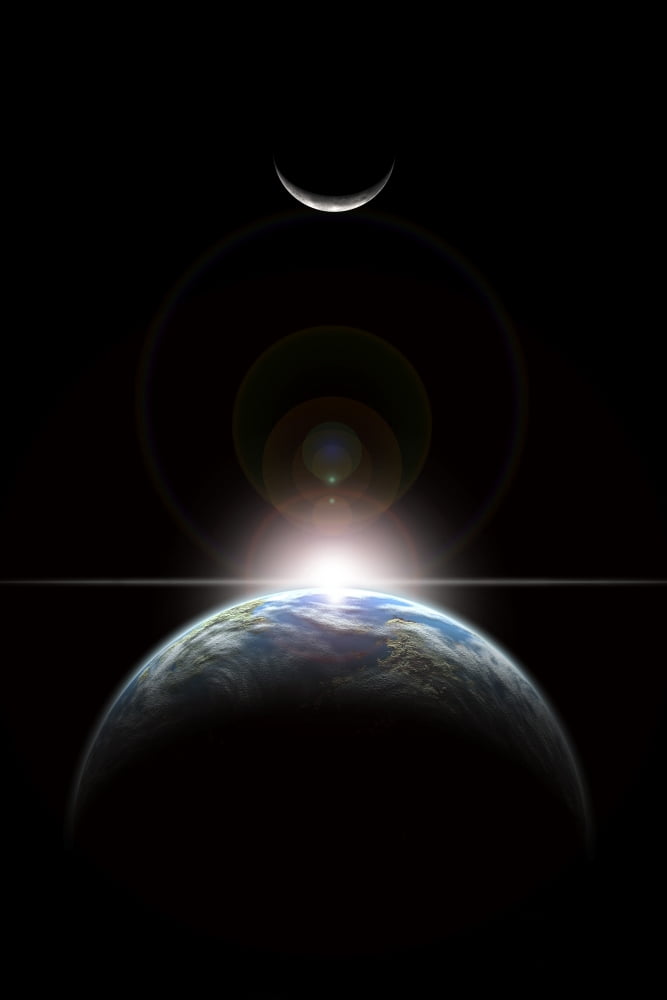 A star rising over an Earth-like planet and illuminating its lone moon Canvas Art - Marc WardStocktrek Images (23 x 34)