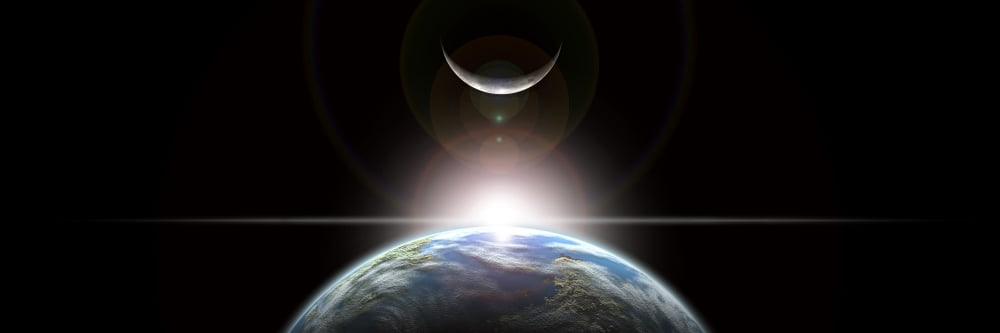 A star rising over an Earth-like planet and illuminating its lone moon Canvas Art - Marc WardStocktrek Images (24 x 8)
