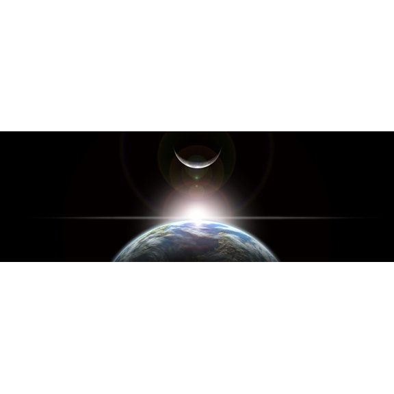 A star rising over an Earth-like planet and illuminating its lone moon Canvas Art - Marc WardStocktrek Images (24 x 8)